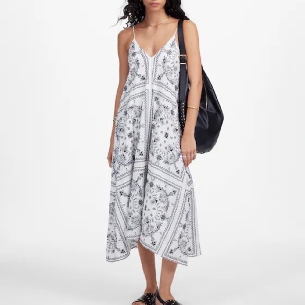 NWT Madewell Embroidered Deep V-Neck Midi Dress in Bandana White Navy‎ M